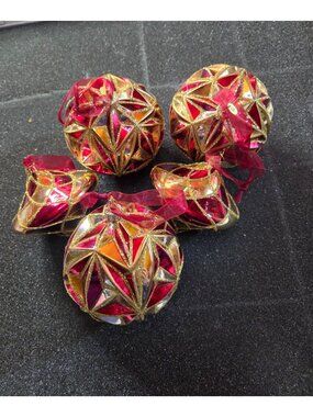 Frontgate Ornament 5 Pc Burgundy Gold Glass Glitter Christmas Spinner Round